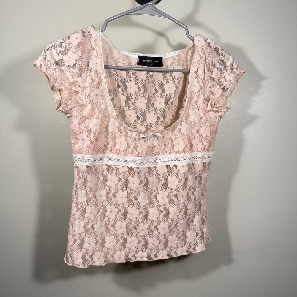 White Fox Boutique Top, Floral Lace, Short Sleeve, Romantic, Sexy, Size Small